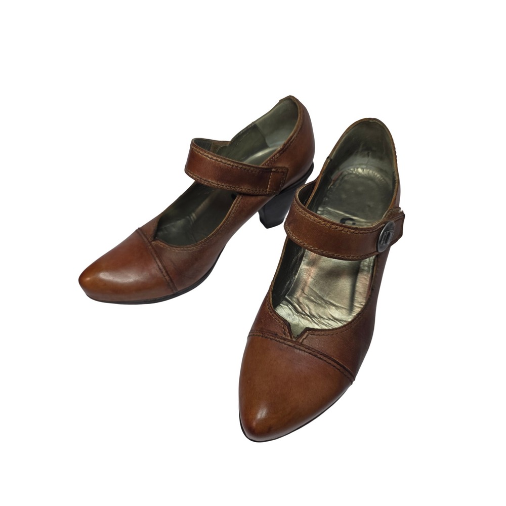 Fidji Brown Leather Mary Jane Pumps Vibram Sole Pointed Toe Block Heel EU 36.5